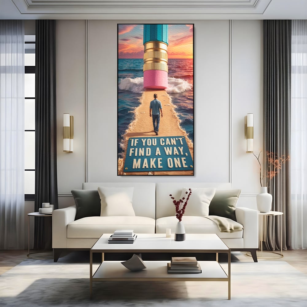 Tablou canvas cu ilustratie motivatioanala cu barbat pe carare, in rama de aluminiu negru, pe perete intr-un living